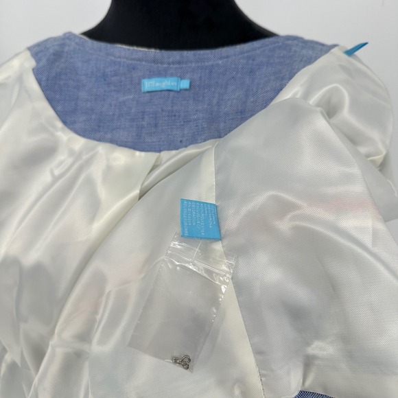 J. McLaughlin Beatrix Blue Chambray Embroidery Linen Blend Open Jacket Women's L - Picture 7 of 11